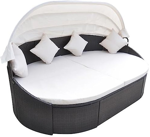 FENLAX Outdoor-Loungebett mit Dach Poly Rattan Braun 230x145x80 cm Gartenmöbel Liege Poolliege Outdoor Liege Outdoor Gartenliege Polyrattan Gartenbett Outdoor Balkon Bett Outdoor Liegesessel Outdoor