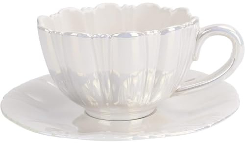 FülleMore Blumenform Kaffeetasse Set Perlenglanz Blumentasse 230ml Espressotasse niedliche Capuccinotasse mit Untertasse für Frauen Freundin Geburtstag Muttertag Valentinstag (Weiß)