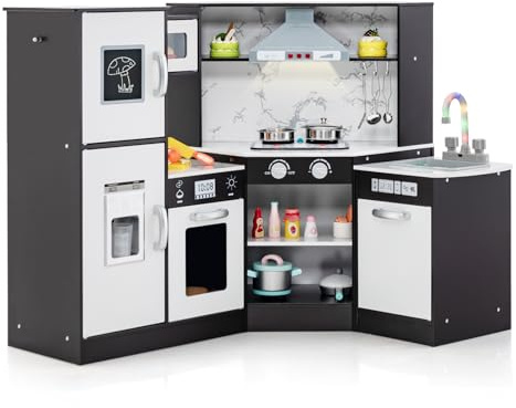 GOPLUS Kinderküche Holz, Spielzeugküche mit abnehmbarem Waschbecken, Tafel, Dunstabzugshaube, Mikrowelle, Eismaschine, Backofen & Zubehör, Spielküche mit Licht & Sound für Kinder ab 3 Jahren(Braun)