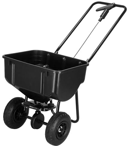 SPRINGOS Streuwagen 25 kg Kapazität Schwarz mit 2 Lufträdern Ø 21 cm Stahl-Kunststoff Behälter 48x37x25 cm für Saatgut Dünger Streusalz Rasen Gehwege Garten