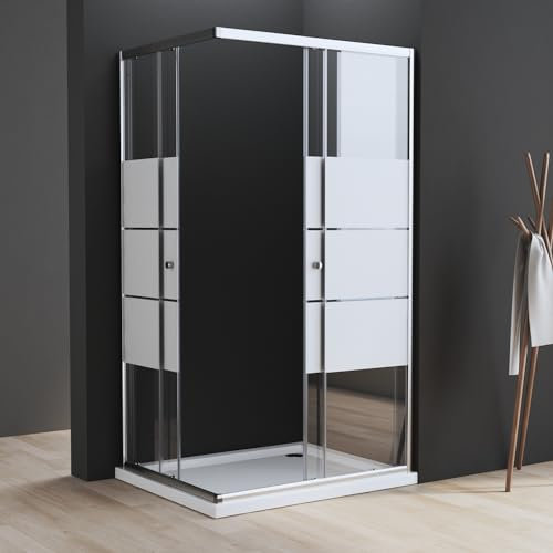Duschkabine 100x80x185cm Eckeinstieg, Duschkabine 100x80x185cm Milchglas Schiebetür Duschabtrennung 6mm ESG Milchglas Streifen Duschtür Duschwand, LINKS & RECHTS MONTIERBAR