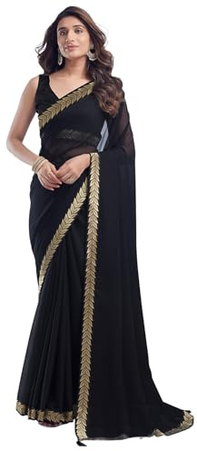 SIRIL Women's Georgette Lace Boarder Saree With Unstitched Blouse Piece, Black, One Size