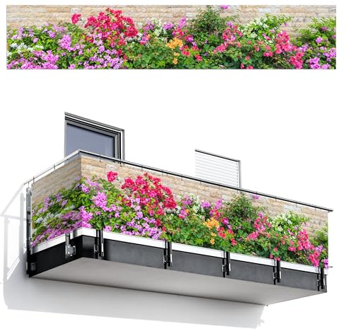 MuchoWow© Balkonsichtschutz Einseitig Groß PVC Terrassen Garten ohne Bohren | 100x500 cm - Wetterfest Balcony Privacy Screen Zaun Terrasse Balkondeko Garden Blumen - Farbenfroh - Steinoptik