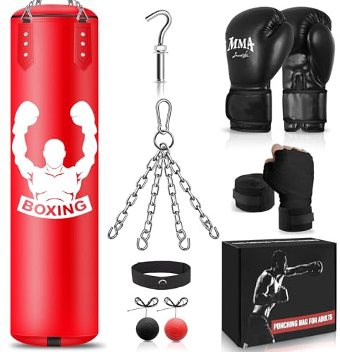 NZQXJXZ Sacco da Boxe 120cm per Adulti, Attrezzatura per l'Allenamento con Sacco Non Riempito, Reflex Ball, Guanti da MMA, Fasce, Set per Karate, Kickboxing e Muay Thai