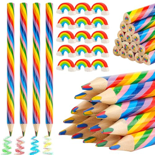 Bomtop 15 Stück Regenbogen Buntstifte für Kinder mit 15 Regenbogen Radiergummis, Stifte für Kinderdicke Buntstifte Geburtstag für Kinder Party Mitbringsel