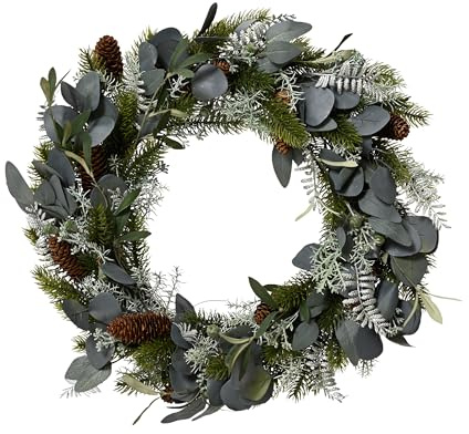 Künstlicher Tannenkranz 40cm mit Eukalyptus Blättern & Zapfen - Deko Kranz für Winter und Weihnachten - Weihnachtskranz Dekokranz Türkranz Wandkranz - Winterdeko Weihnachtsdeko - Grün Silber