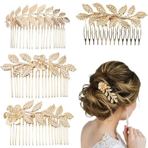 4 PCS Peignes à Cheveux Décoratifs Or Coiffes,Or Accessoires de Cheveux de Feuille Morceau,Peigne Feuilles Accessoires de Coiffure,adapté à la Conception de Coiffure, adapté aux Femmes