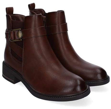 shoes&blues.es 86574 Botines de Mujer, Comodos y Elegantes con Detalle de Hebilla, Material Elastico, Punta Redonda y Cierre de Cremallera Lateral, Ideales para Otono-Invierno. Marron Talla 37