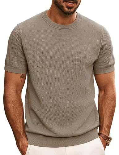 PJ PAUL JONES Men's Crewneck Shirt Fashion Textured T-Shirts Solid Short Sleeve Pullover Shirts Camel