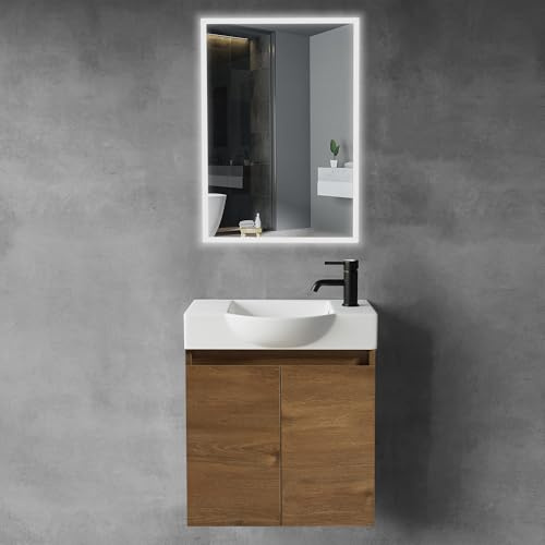 Alpenberger Badmöbel Set Waschtisch mit Unterschrank und Spiegel mit Beleuchtung, Badezimmermöbel Badezimmerschrank mit Waschbecken, Waschbeckenunterschrank Eiche, Komplett Vormontiert