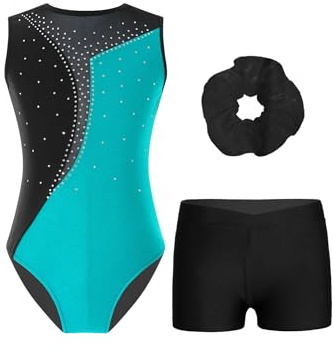 iEFiEL 3PCS Turnanzug Mädchen Gymnastikanzug Patchwork Tanzanzug Strass Leotard Glitzer Tanzbody und Shorts Tanzbekleidung mit Haarband Blau Grün 122-128