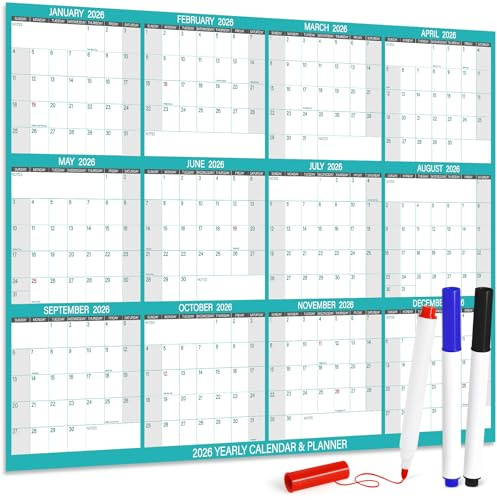 24 x 36 2026 Yearly Large Wall Calendar - with 3 Pack Fineliner Color Pens,12 Months Annual Yearly Planner Calendar 2026, Erasable Wet & Dry, Reusable 2-Sided Horizontal (Blue)