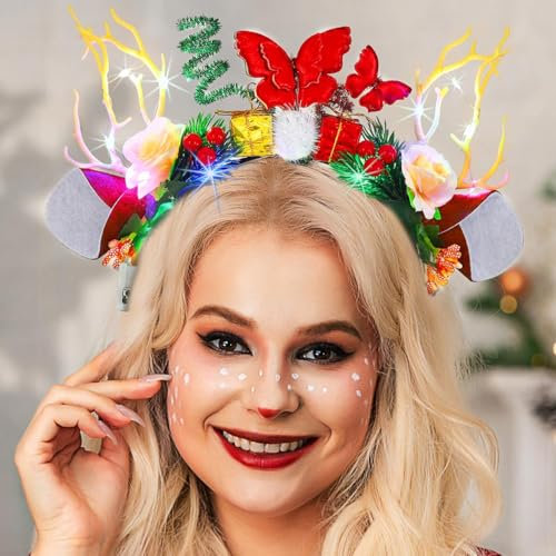 Handcess Leuchtendes Weihnachts Stirnband LED Rentiergeweih Haarband Weihnachten Schmetterlings Haarreifen Xmas Haarschmuck für Damen