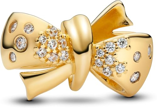 PANDORA Moments Funkelndes Schleifen Charm aus Sterling Silber mit vergoldeter Metalllegierung und Zirkonia, Kompatibel Moments Armbänder, 763442C01