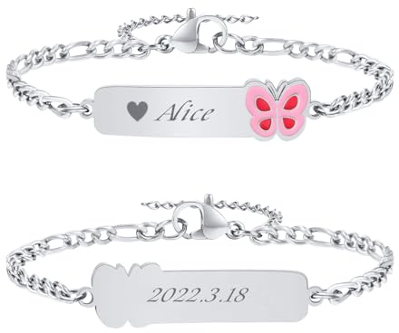 VNOX Bracelet Enfant Securite Gourmette Personnalisable: Bracelet Identification Enfant Gravure de Prenom Personnalisés Bracelet Bébé Cadeau Bapteme Fille Garcon(S-Papillon)