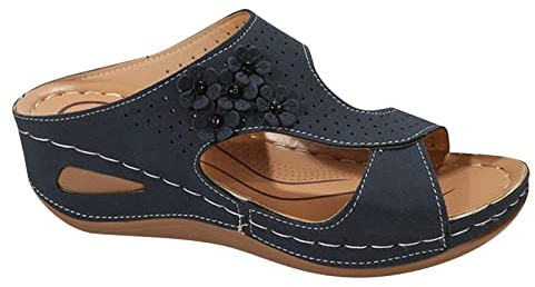 RLEHJN Sandales Femme Été Confortable Orthopédique Mules En Cuir Pour Femmes Sandale Mode Bout Ouvert Compensées Pantoufles Rétro Compensé Chaussures De Plage Anti-Dérapant Respirant Pas Cher