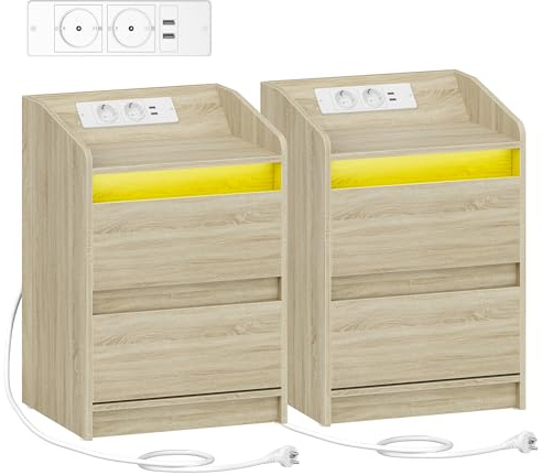 Hzuaneri Sängbord Set om 2 med LED-lampor, sängskåp med laddningsstation och 2 lådor, nattduksbord med USB-portar och eluttag, nattduksbord för vardagsrum och sovrum, Eken NS30116X