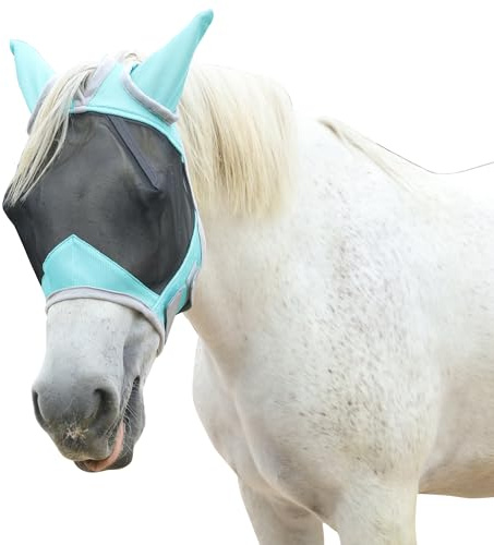 Leberna Fly Mask for Horses with Ears, Breathable Adjustable Mesh, Sun & Insect Protection – Comfortable Horse Face Mask for Stable & Pasture(Turquoise, Full)