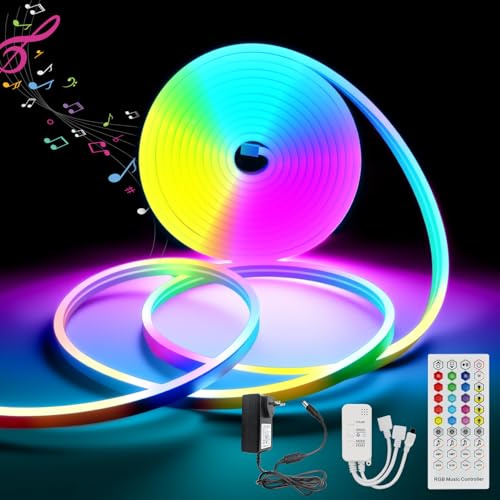 FWoche Neon LED Strip RGB 5M 12V, IP65 wasserdicht LED Streifen mit Bluetooth App und Fernbedienung, Musik Sync, Flexibel Silikon Lichtband, Magic Color für Außen, Wohnzimmer, Schlafzimmer, Wand