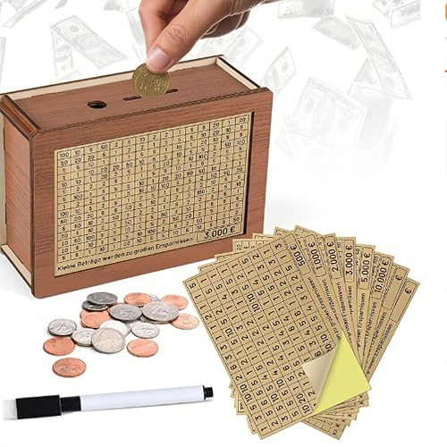Wooden Money Saving Box, 10,000 Pounds Money Saving Challenge for Cash & Coin Counter Money Gift Box for Adult Birthday with Erasable Pen & Numbered Panels Sticker