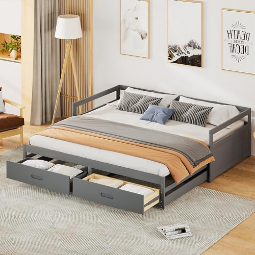 RIAZOS Ausziehbares Schlafsofa 90/180x200 cm, Tagesbett mit Schubladen und Lattenrosten, Kiefernbett mit Stauraum, Daybett Gästebett, Grau