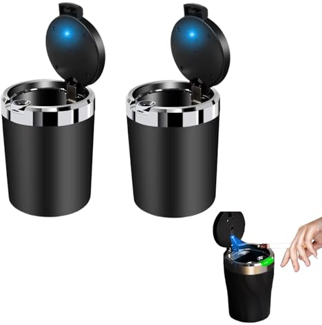 Aschenbecher Auto,2 Stücke Auto Aschenbecher mit Deckel,Automatisches LED Licht,Versiegelt,Geruchsdicht,Flammhemmend,Abnehmbar,Draussen,Großem Fassungsvermöge