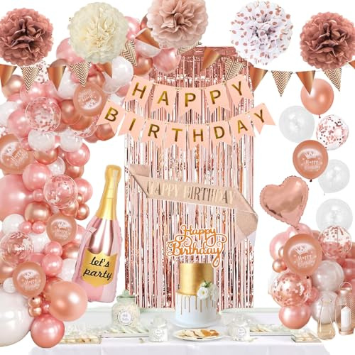 Geburtstagsdeko Rosegold Weiß Party Deko Geburtstag Set für Frauen Mädchen Geburtstag Deko mit Happy Birthday Banner, Konfetti Luftballons, Lametta Vorhänge, Geburtstags Schärpe, Pompons