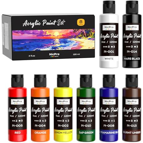 Nicpro 8 Primary Colors Acrylic Paint Set(4 oz, 120 ml), Rich Pigment, Non Toxic Craft Paint for Multi Surface Canvas Wood Rock Fabric, Art Painting Supplies for Beginner Artist Adult with Color Wheel