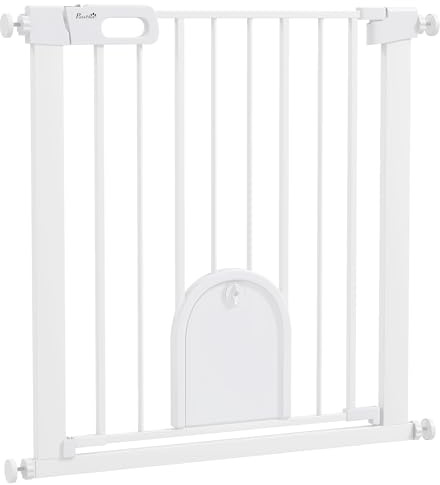 PawHut Rejilla de protección para puerta para perros, barrera protectora para mascotas, rejilla de seguridad para perros, fijación de sujeción, acero, color blanco, 75-82 x 76 cm