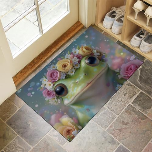 Fußmatte Süßer Grüner Frosch 60 X 90 cm Innen, Waschbar Fussmatt Ölgemälde-Stil, Wasserdicht Türmatte Gemischte Farben, Rutschfester Schmutzfänger Teppich Für Eingang, Haustür, Flur, Badezimmer