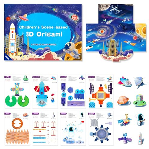 PIRIE Premium 3D Origami Paper Kit with Pre-Cut Papers - Scissors-Free Fun for 3+ Kids' Arts & Crafts (Space)