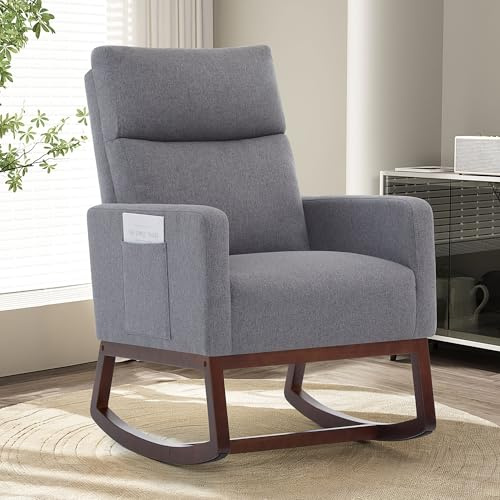XH.Easy Go Silla Mecedora de Lactancia Tela de Lino Respaldo Alto Bolsillos Laterales Patas de Madera Cómoda para Guardería Salón Dormitorio (Gris Oscuro)