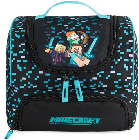 Get Trend Minecraft Kids Insulated Lunch Bag, Dual Compartment Lightweight Cooler Bag with Handle for Kids Lunch Box & Snacks, Travel School & Picnic Food Carrier, Gamer Gifts for Boys (Blue/Black)
