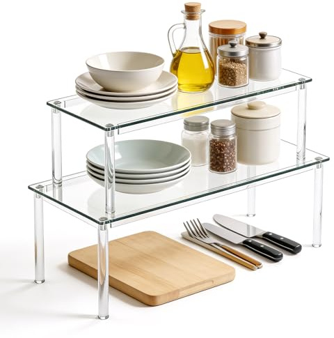 2 Stück Acryl Küchen Organizer Regal Transparent Küchenschrank 29,7x19,5 /26,4x16,2cm Erweiterbar & Stapelbar Organizer Küchenregal Arbeitsplatte Gewürzregal Becherhalter für Küchenarbeitsplatten