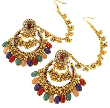 Boucles d’Oreilles Indiennes Colorées – Modèle Jhumka Avec Perles, Pampilles Et Strass – Finition Dorée – Bijou Ethnique Pour Femme – Idéal Pour Festival, Mariage Ou Soirée – Accessoire Cheveux