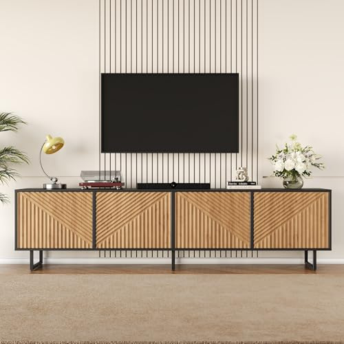 FammyLoft 180cm TV Unit for TVs up to 75 Inch, Modern TV Cabinet with 4 Storage Cabinets, Industrial Black and Wood TV Stand, Lowboard with Cable Management for Living Room Bedroom