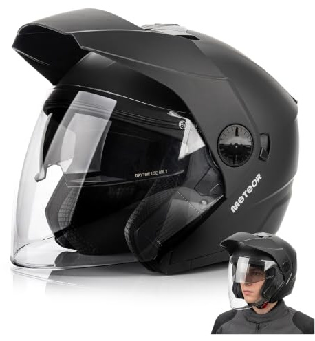 meteor Casco jet doppia visiera omologato ECE 22.06 scooter moto uomo donna | Casco jet doppia visiera con parasole interno, omologato ECE 22.06 - per scooter, Vespa e moto, uomo e donna - taglie M L XL