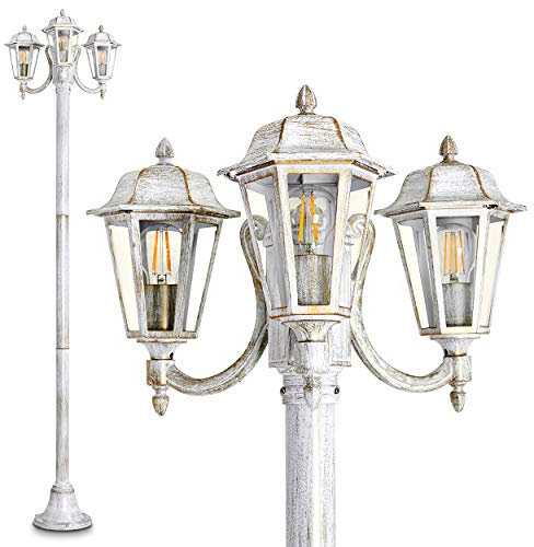 Lampada da esterno NATAL, candelabro in stile antico, fusione di alluminio in bianco/oro con vetri, lampada da sentiero a 3 bracci 210 cm, lampada da giardino retro/vintage, E27, IP44, senza lampadina