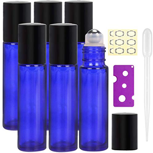 Botellas de rodillo de aceite esencial, 6 unidades, 10 ml, recargables, rollo de vidrio azul cobalto en botellas con tapas negras de Yalbdopo, 12 etiquetas, perfecto para fragancia, aromaterapia