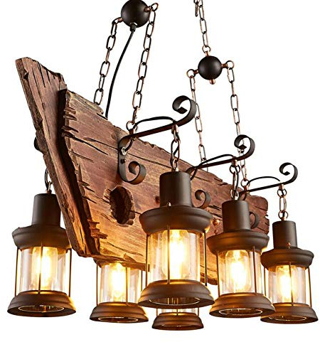 E27 Vintage Holz Pendelleuchte, Kreative Industrielle Loft Antike Hängelampe, Retro Glas Metall Dekorative Kronleuchter Edison Vintage Beleuchtung Bar Kaffee Wohnzimmer Schlafzimmer Hängeleuchten