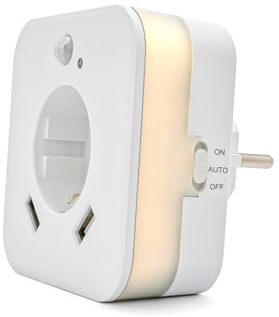 smrter LED-Nachtlicht mit Bewegungsmelder und Steckdose, 2x USB 2.4A, weiß, automatischer Lichtsensor, GS (geprüfte Sicherheit) (1 Stück)