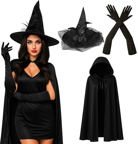 REDSTAR 3pc Womens Witch Costume Halloween Accessories Adult - Black Hooded Cloak, Long Black Gloves and Lace Witch Hat Halloween Costumes for Women World Book Day Outfits