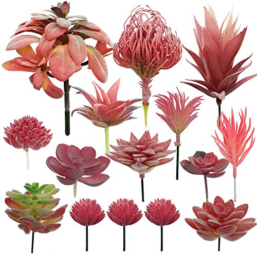 N|A Cayway 15 PCS Artificial Succulent Plants, Red Fake Succulent, Unpotted Faux Succulent Assortment in Flocked Purpl in Different Type for Birthday Home Decor Indoor Wall Garden DIY