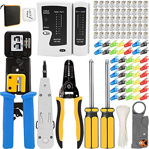 MAYLINE Pince à Sertir de RJ45 CAT5 CAT6 Professional Testeur de Network Cable Kits d'outils Sertissage de d'Ordinateur, Réseau d'Outils Ensemble Maintenance de Testeur de LAN(Bleu)