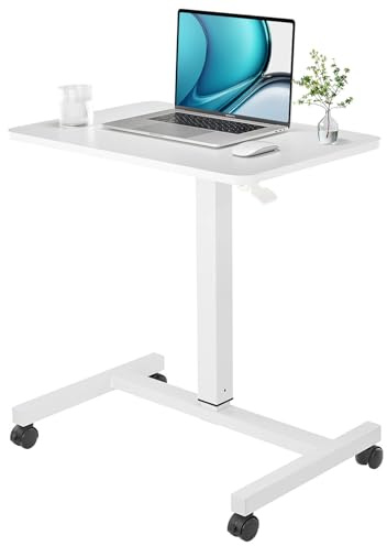 CLATINA Mobile Laptop Desk Pneumatic Sit to Stand Table Height Adjustable Rolling Cart with Lockable Wheels for Home Office Computer Workstation, 71 x 48 cm White Round Edge Design Elegant