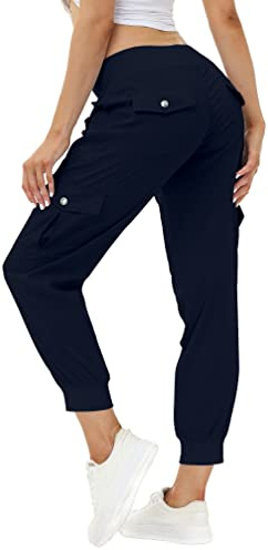 MoFiz Women Cargo Pants with Pockets Lightweight Outdoor Summer Travel Casual Hiking Pants Running Joggers Sweatpants Elastic Waist Navy L