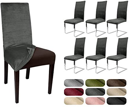 BEAUTEX 6er Set LEA Stuhlhusse, elastische Uni Stretch-Husse aus Samt Mikrofaser Farbe wählbar (Grau)