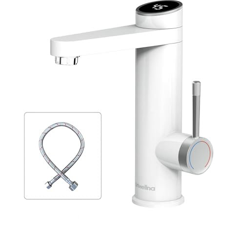 Briwellna Electric Instant Hot Water Bathroom Faucet, 220V Tankless Heater Taps, 120 Degree Rotatable Cold and Hot Water Tap with Digital Display for Home Indoor (White)
