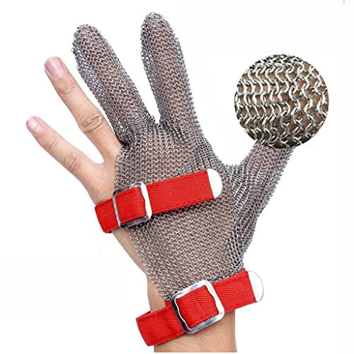 Guantes de Trabajo Anticorte Guantes Resistentes A Cortes De Metal, Guantes De Trabajo De Seguridad De Protección De Carnicero Con 3 Dedos, Guantes De Cota De Malla Con Muñequera De Nailon ( Size : A