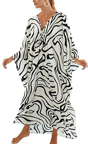 YouKD dam sommar, lång kaftan, bohemisk maxiklänning för stranden över bikini, vardagskläder, en storlek, G vit svart, En Storlek